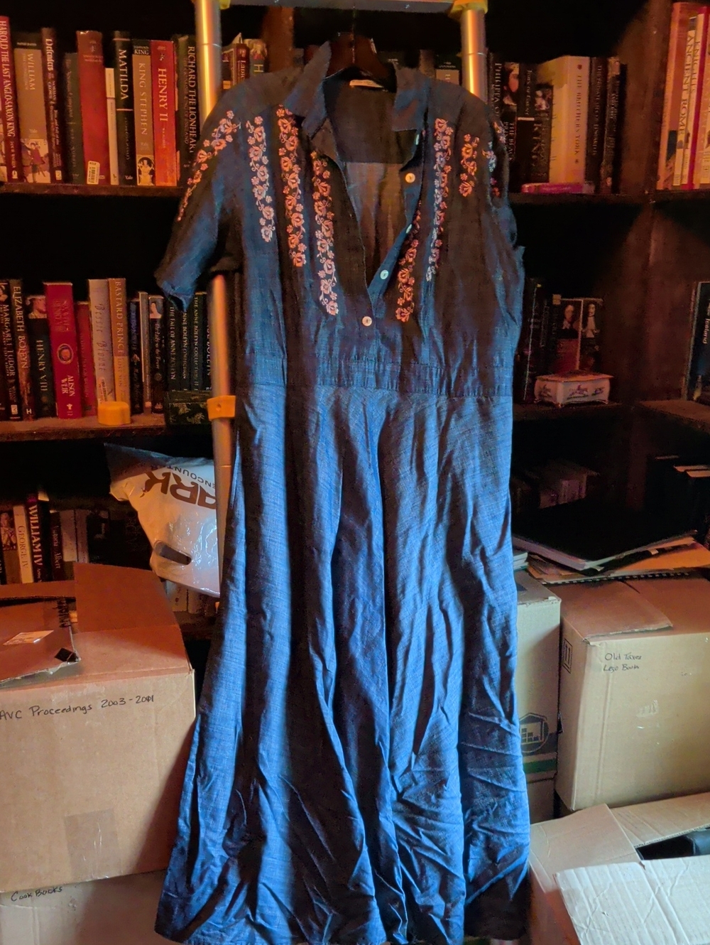 eshakti Denim Maxi Dress with Pink Floral Embroidery
